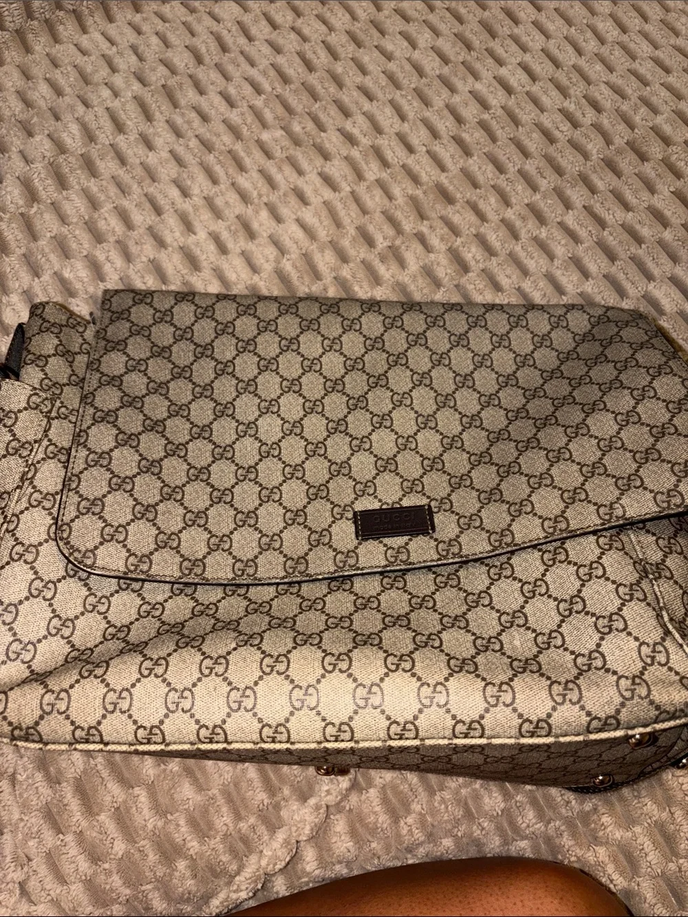 Gucci Beige GG Supreme Messenger Bag with Brown Trim